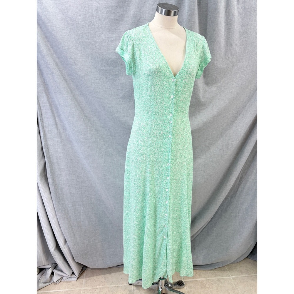 Aura Womens Mint Green Floral Button Front Maxi Dress Cap Sleeve Pockets XS